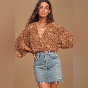 Lulus Brown Floral Print Sheer Smocked Top Small